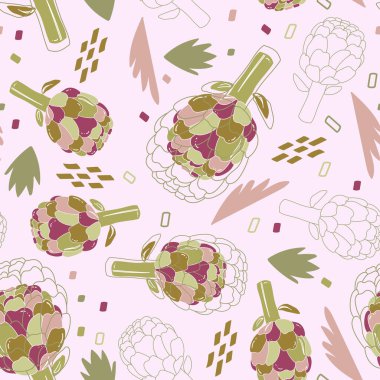 Dekoratif elementli enginar vektörsüz desen. Sağlıklı ve vejetaryen yemekleri. Menüler, ambalajlar, kumaşlar, tekstil, posterler, kartpostallar için tasarım.