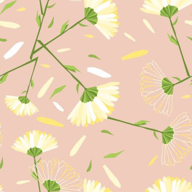 Çiçeksiz vektör deseni. Papatya, yapraklı papatyalar. Kumaş, poster, duvar kağıdı, pankart, tekstil, ambalaj, ambalaj için tasarım.