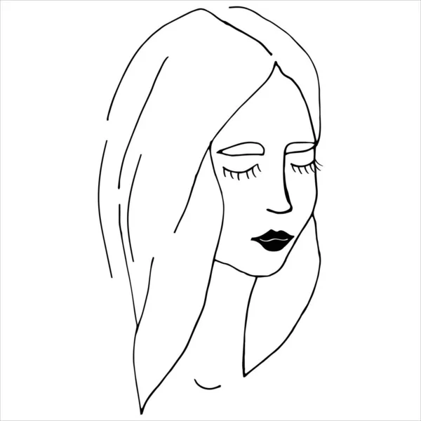 Profile Girl Loose Hair Vector Illustration Doodle Black Outline Continuous — Stock Vector