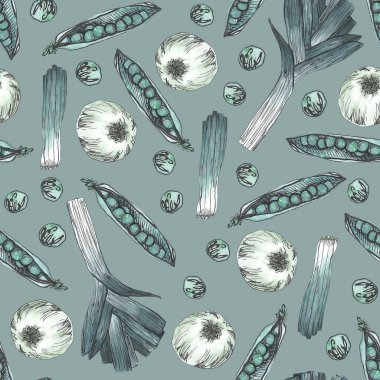 Kusursuz sebze deseni. Pırasa, soğan, bezelye. Suluboya çizimi. Menüler, tekstil, kumaş, ambalaj, kağıt, duvar kağıdı için harika.