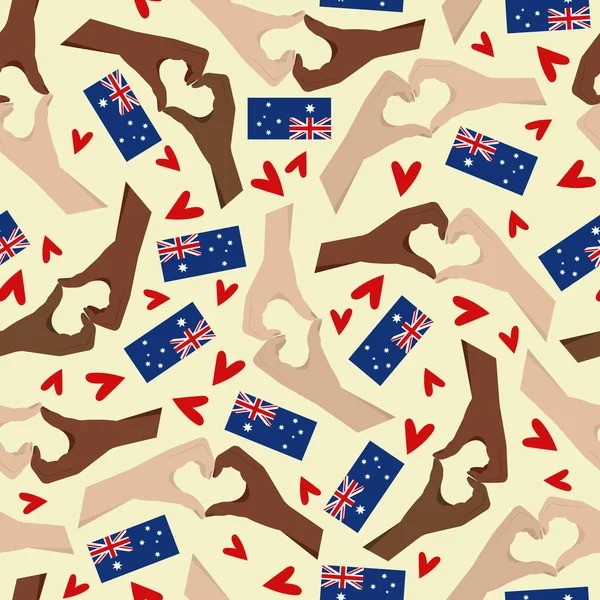 26 january. Australia Day. Vector seamless pattern. Flags, hands, hearts. — стоковый вектор