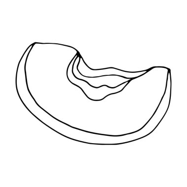 Minimalist vektör çizimi. Bir dilim şeftali. Contour illüstrasyon. Poster, kartpostal, davetiye, ambalaj, çıkartma, logo, dövme tasarımı.