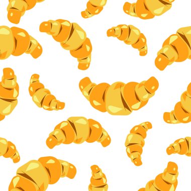 Beyaz arka planda kusursuz iştah açıcı kruvasan deseni. Vektör şekerleme deseni fırınlarda, kafelerde, tekstil ürünlerinde, ambalajlarda kullanılabilir..