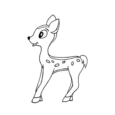 Beyaz arkaplanda büyüleyici bir geyik yavrusu, karalama. Çocuk boyama kitaplarında, kartpostallarda, tekstil ürünlerinde kullanılabilir..