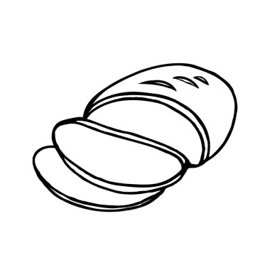 Beyaz bir arka planda bir somun ekmek ve iki dilim dilimler. Şekerleme tasarımlarında vektör fırın ürünü kullanılabilir. Doodle illüstrasyon.