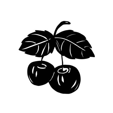 Beyaz arkaplanda iki kiraz çileği silueti. Kiraz ikonunun vektör çizimi. Meyve suyu, reçel ve tekstil etiketlerinde kullanılabilir..