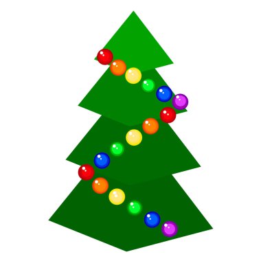 Beyaz bir arkaplanda izole edilmiş gökkuşağı toplarıyla süslenmiş Noel ağacı. Vektör Noel illüstrasyonu.