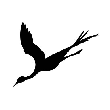 Beyaz arka planda uçan bir vincin siyah silueti. Tekstil, kartpostal ve dövmelerde kullanılabilir..