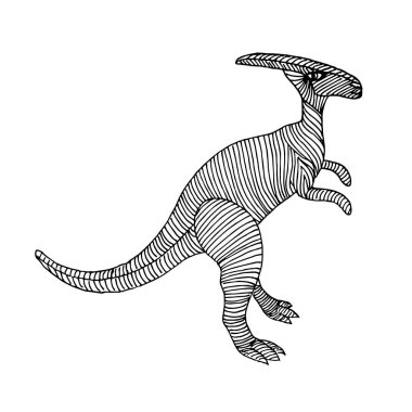 Beyaz arka planda iki ayak üzerinde duran bir dinozor, elle çizilmiş. Vektör dinozor renkli sayfalarda, çıkartmalarda, defterlerde, tekstil ürünlerinde kullanılabilir..