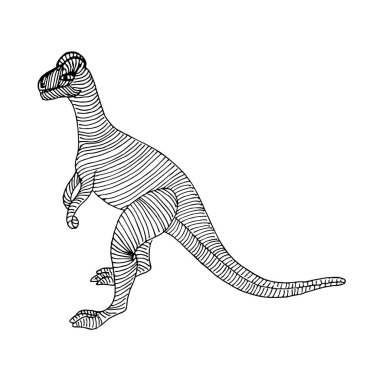 Beyaz arka planda iki ayak üzerinde duran bir dinozor, elle çizilmiş. Vektör dinozor renkli sayfalarda, çıkartmalarda, defterlerde, tekstil ürünlerinde kullanılabilir..