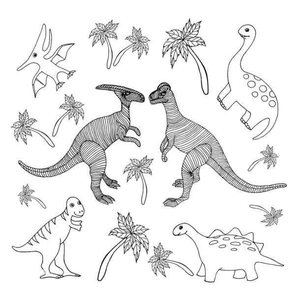 Set Cartoon Dinosaurs Palm Trees White Background Doodles Hand Drawing — Stock Vector