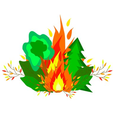 Beyaz bir arka planda orman yangını. Ateş, Noel ağacı, ağaçlar, yanan çalılar. Vektör illüstrasyonu..