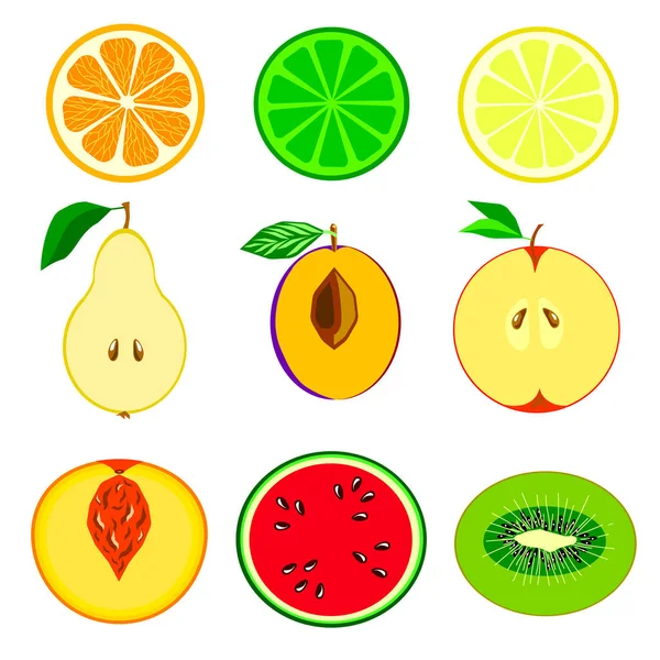 Zestaw Kolorowych Owoców Części Białym Tle Połówki Pomarańczy Gruszki Wapna — Wektor stockowy