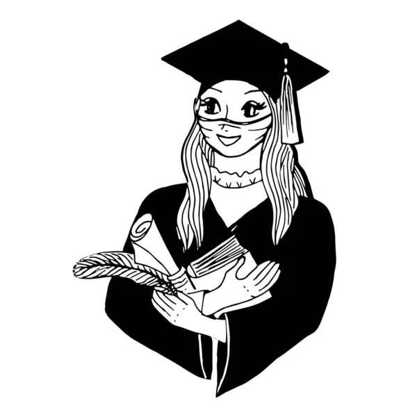 Doodle Menina Vestido Graduação Chapéu Com Diploma Pena Fundo Branco — Vetor de Stock