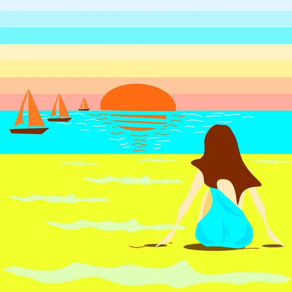 Una Chica Playa Atardecer Tres Veleros Horizonte Ilustración Vectorial — Vector de stock