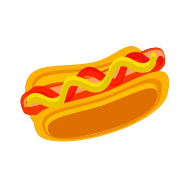 Beyaz arka planda izole edilmiş sosisli sandviç. Hardallı çörek ve ketçaplı sosis menülerde, afişlerde, tekstil ürünlerinde kullanılabilir..