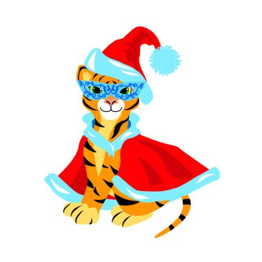Kırmızı Noel kostümlü bir kaplan beyaz bir arkaplanda izole edilmiştir. Vektör illüstrasyonu tekstil, Noel kartları ve afişlerde kullanılabilir. 2022 yılının sembolü..