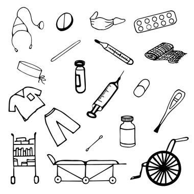 19 element: termometre, kapsül, steteskop, tablet, maske, tıbbi giysi, şırınga, koltuk değneği, spatula, bandaj, pamuk bezi, raf, sedye, beyaz bir zeminde ampul..