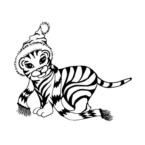 Dessin Animé Petit Tigre Dans Chapeau Une Écharpe Isolé Sur — Image vectorielle