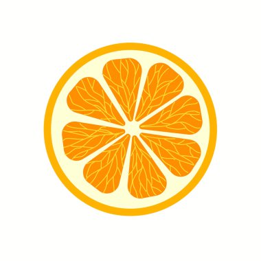 Beyaz bir arkaplanda parlak bir portakalın yarısı izole edilmiştir. Vektör narenciyesi meyve suyu paketlerinde, kozmetik ürünlerinde, not defterlerinde, kartpostallarda kullanılabilir. Vektör illüstrasyonu.