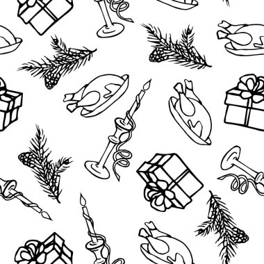 Noel şablonu, mum, hindi, köknar dalı, beyaz arka planda hediye. Şenlik şablonu tekstil, ambalaj gibi şeylerde kullanılabilir..