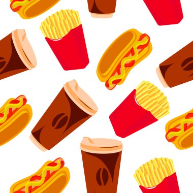 Kusursuz kahve, sosisli sandviç, beyaz arka planda patates kızartması. Fast food tasarımlarında ve tekstil ürünlerinde vektör deseni kullanılabilir..
