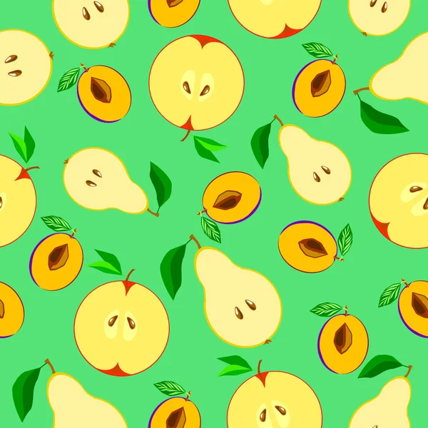 浅绿色背景下苹果 李子的无缝果图案 病媒图案可用于纺织品 果汁包装 明信片 — 图库矢量图片