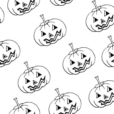 Beyaz arka planda korkunç bir yüze sahip bir balkabağı deseni. Bayram Cadılar Bayramı tasarımlarında, ambalajlarda, kartpostallarda, siyah ve beyaz el çizimlerinde kusursuz sebze deseni kullanılabilir..