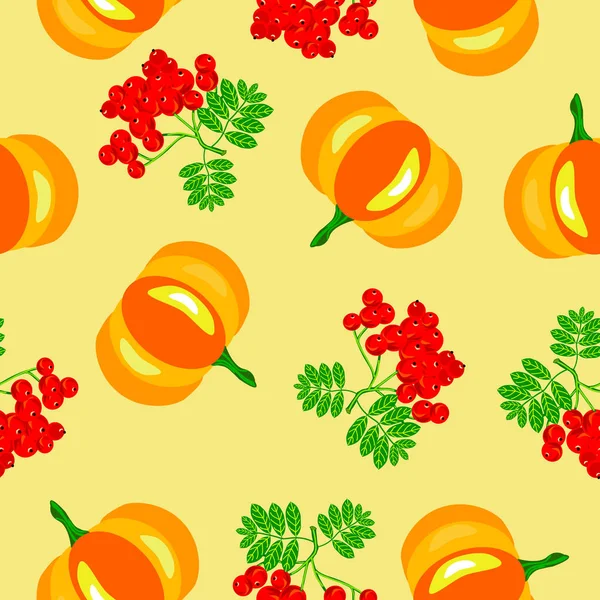 黄土背景上的南瓜和山灰的无缝图案 可用于秋天的设计 纺织品等 — 图库矢量图片