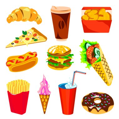 Beyaz arka planda parlak bir fast food seti. Hamburger, patates kızartması, kahve, sosisli, nugget, dondurma, pizza, kruvasan, içecek, çörek, shawarma..