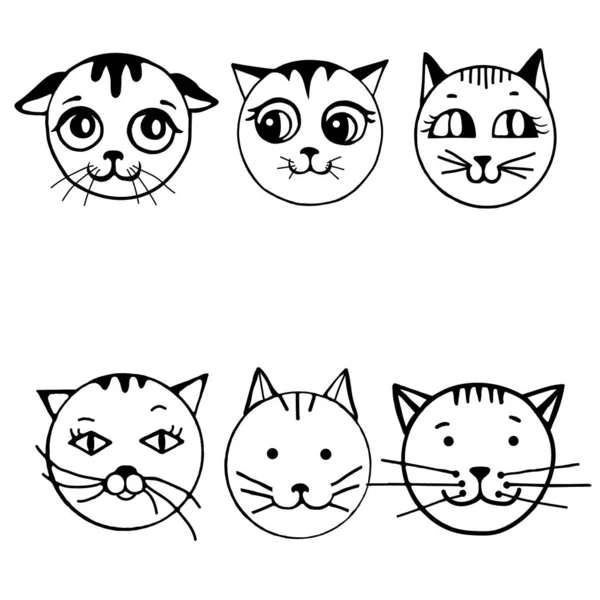 白い背景に6つの猫の顔のセット ベクトル猫の顔は はがき ノートブックカバー およびパッケージで使用することができます — ストックベクタ