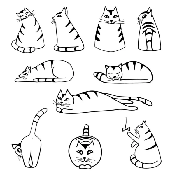 Doodles Sistema Diez Gatos Lindos Sentados Mintiendo Mirando Los Gatos — Vector de stock