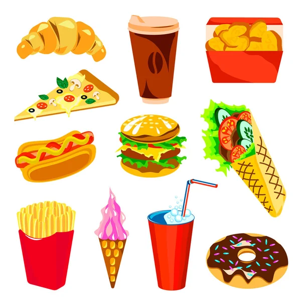 Bright Vector Set Fast Food White Background Burger French Fries — Stock Vector