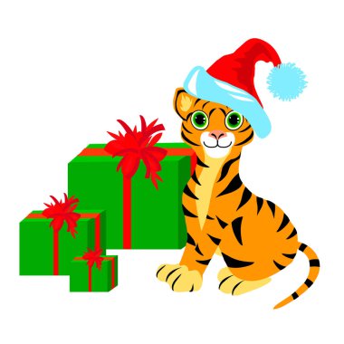 Üç hediyeli Noel seti ve kırmızı Noel şapkalı küçük bir kaplan beyaz bir arka planda izole edilmiş..