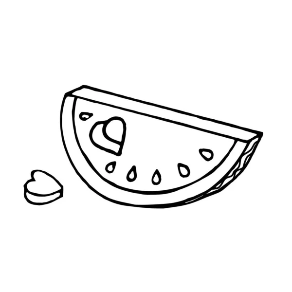 Doodle Een Stuk Watermeloen Met Een Hart Uitgesneden Een Witte — Stockvector