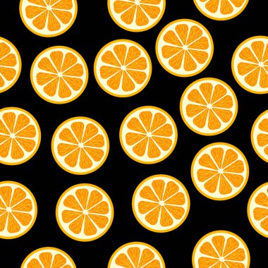 Siyah arka planda kusursuz portakal dilimleri. Meyve suyu paketlerinde, defter kapaklarında, tekstil ürünlerinde vektör narenciyesi deseni kullanılabilir..