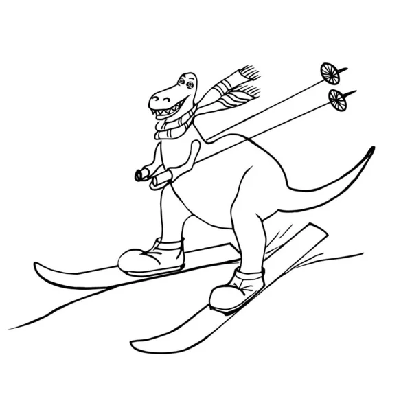 漫画恐竜は山をスキーダウンしています 冬のスポーツ — ストックベクタ