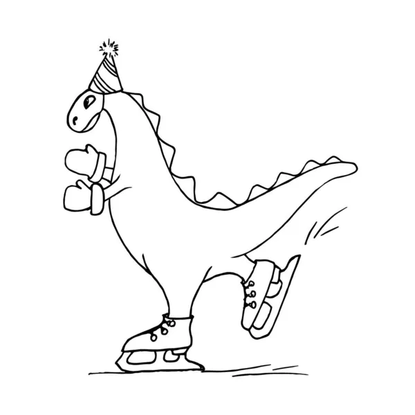 Desenhos Animados Dinossauro Skate Winter Sport Vector Ilustração Estilo Doodle — Vetor de Stock