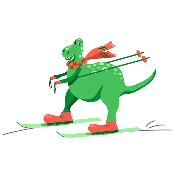 Dessin Animé Lumineux Vecteur Dinosaure Ski Isolé Sur Fond Blanc — Image vectorielle