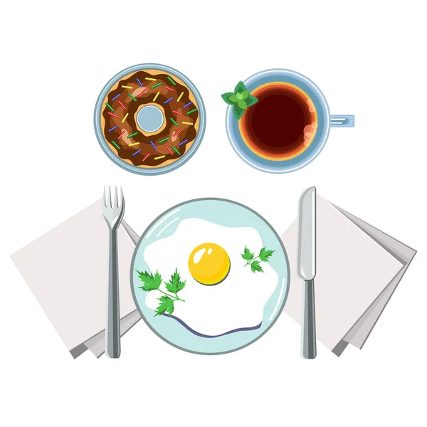 Petit Déjeuner Traditionnel Oeuf Frit Thé Menthe Beignet Fourchette Couteau — Image vectorielle