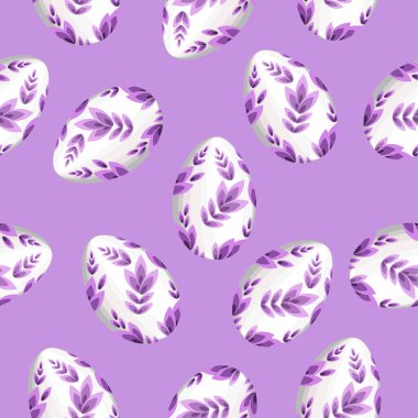 Leylak arka planında mor iz olan kusursuz Paskalya yumurtası deseni. Tekstil ve kartpostallarda vektör deseni kullanılabilir..