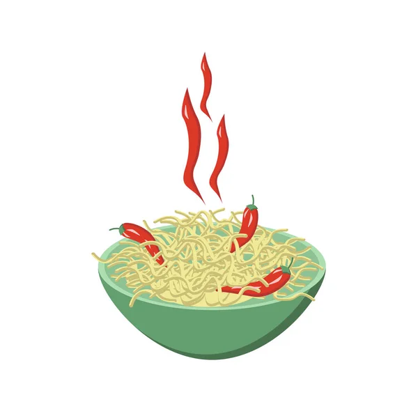 Noodles Hot Chili Pepper Plate Isolated White Background Vector Illustration — стоковый вектор