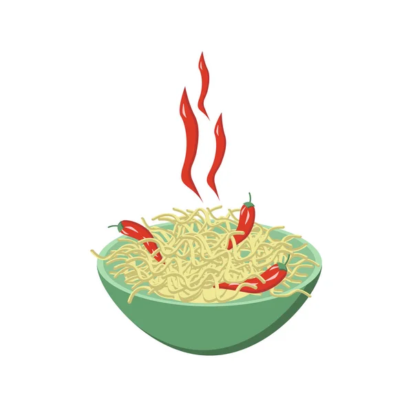 Noodles Hot Chili Pepper Plate Isolated White Background Vector Illustration — Wektor stockowy