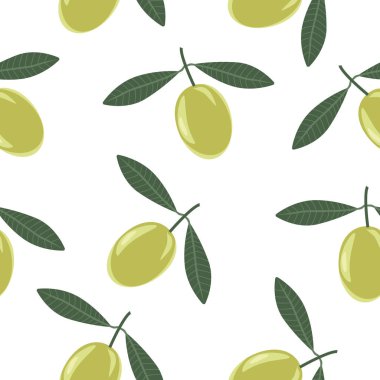 Dal üzerinde yeşil zeytinler, beyaz arka planda pürüzsüz desenler. Tekstil, kartpostallar, paketlerde vektör deseni kullanılabilir..