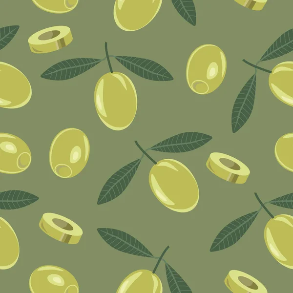 在树枝上的绿色橄榄 在绿色背景上的切片 矢量橄榄树图案可用于纺织品 — 图库矢量图片