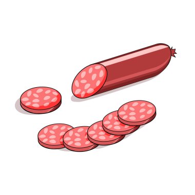 Tütsülenmiş sosis, beyaz bir arka planda izole edilmiş dilimler. Ürünün vektör illüstrasyonu..
