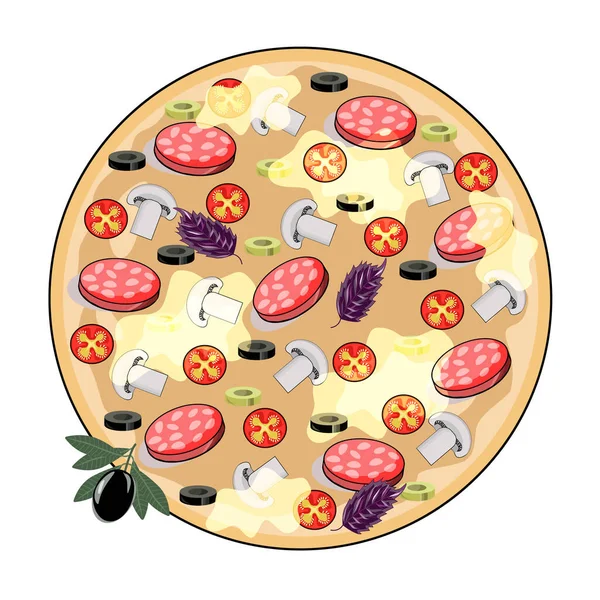 Heldere Smakelijke Pizza Met Worst Olijven Tomaten Basilicum Champignons Kaas — Stockvector