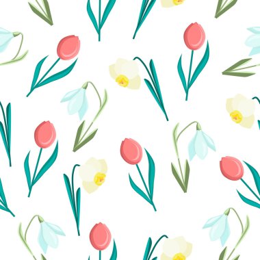 Bahar, pürüzsüz, çiçek desenli, lale, nergis ve beyaz bir arkaplanda kar damlası. Tekstil, ambalaj ve kartpostallarda vektör çiçeği deseni kullanılabilir..