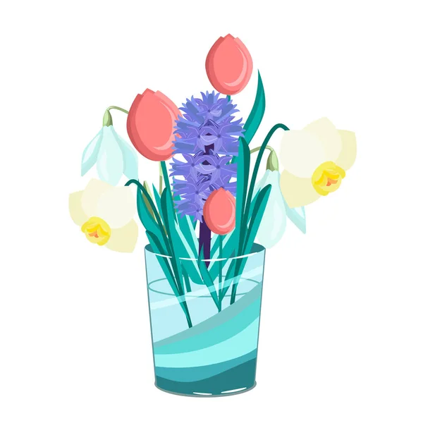 Delicado Ramo Primavera Flores Tulipán Jacinto Gota Nieve Narciso Jarrón — Vector de stock