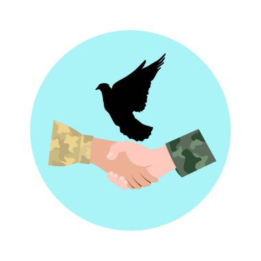 Dünyanın arka planında askeri insanların el sıkışması ve beyaz bir arka planda izole edilmiş bir güvercin. Dünyanın taşıyıcı amblemi..